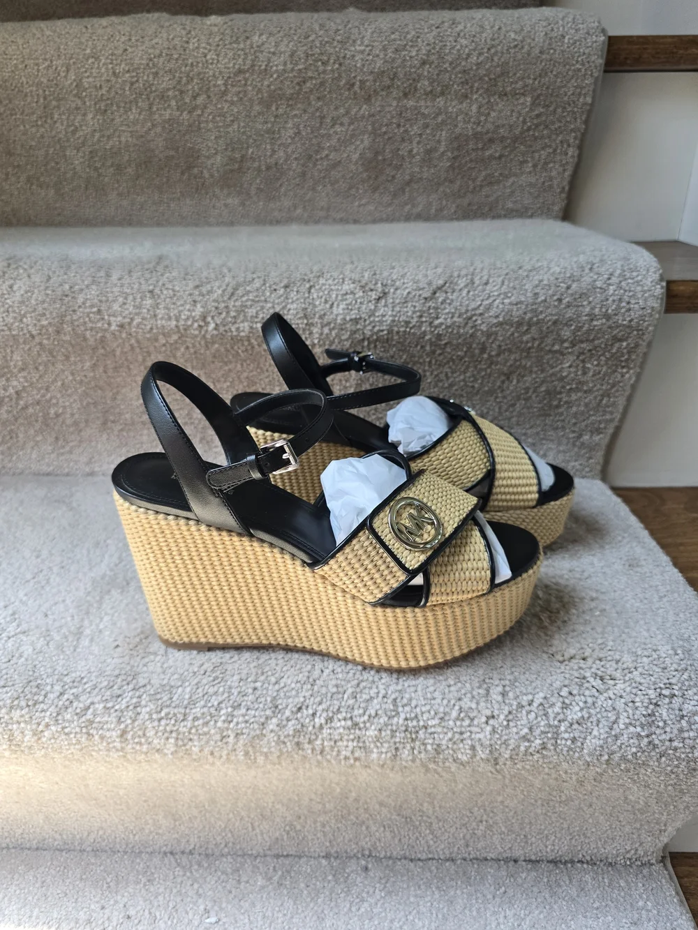 Michael Kors Black & Natural Woven Platform Wedge Sandals with MK Medallion